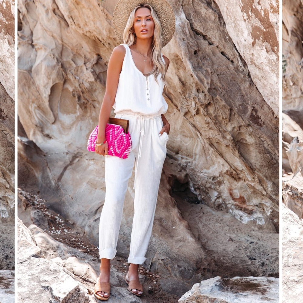 Cotton Pocketed Drawstring Jumpsuit- White